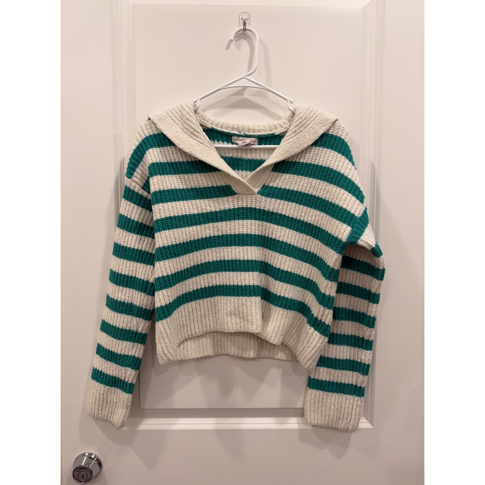 Sincerely Jules Striped Sailor Collar Knit Sweater Cream Teal Green Small